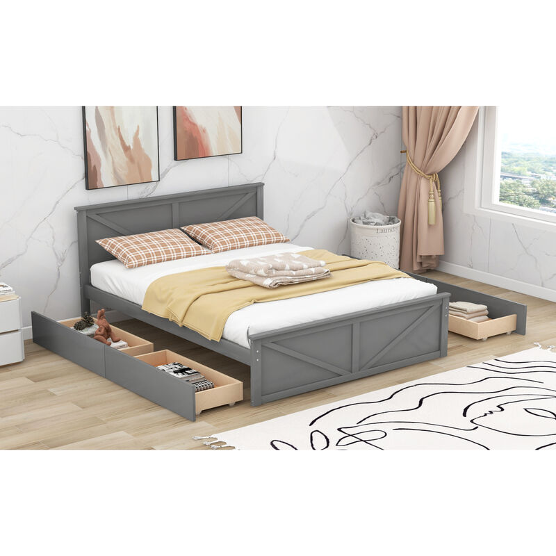 Queen Size Wooden Platform Bed with Four Storage Drawers and Support Legs, Gray