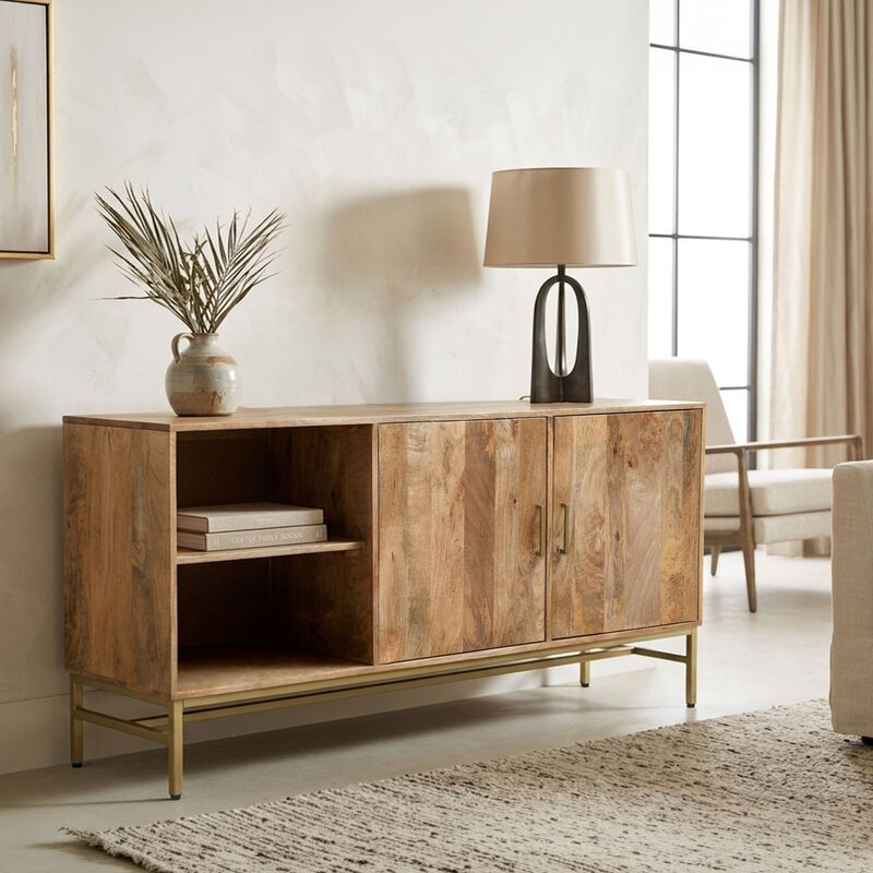 Lysa 50 Inch Sideboard Buffet Cabinet with Open Shelves, Gold Iron Base, Natural Brown Mango Wood image number 6