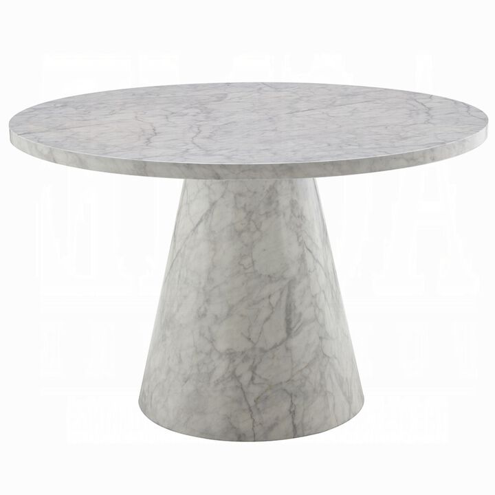 Kacie Round Dining Table, Pedestal Base, Light Gray Faux Stone 47 Inch