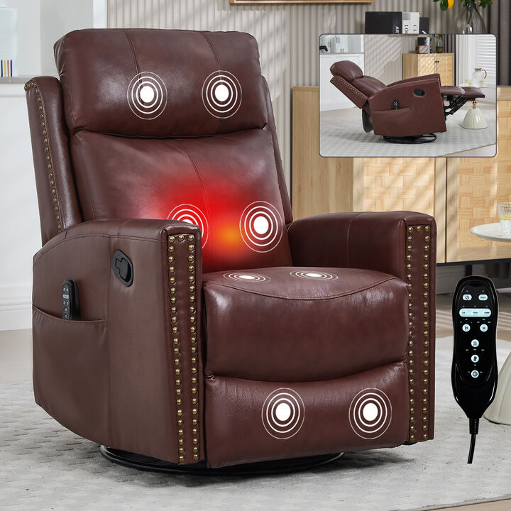 Genuine Leather Heat Massage Manual Recliner Chair with Rocker and Swivel for Living Room