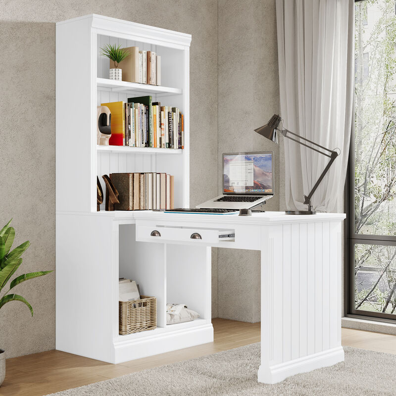 83.4"Tall Bookshelf with Writing Desk, Modern Bookcase with Study Desk, Workstation with Storage Shelf, Storage Bookcase with Open Shelves and LED Lighting for Living Room, Home Office, White