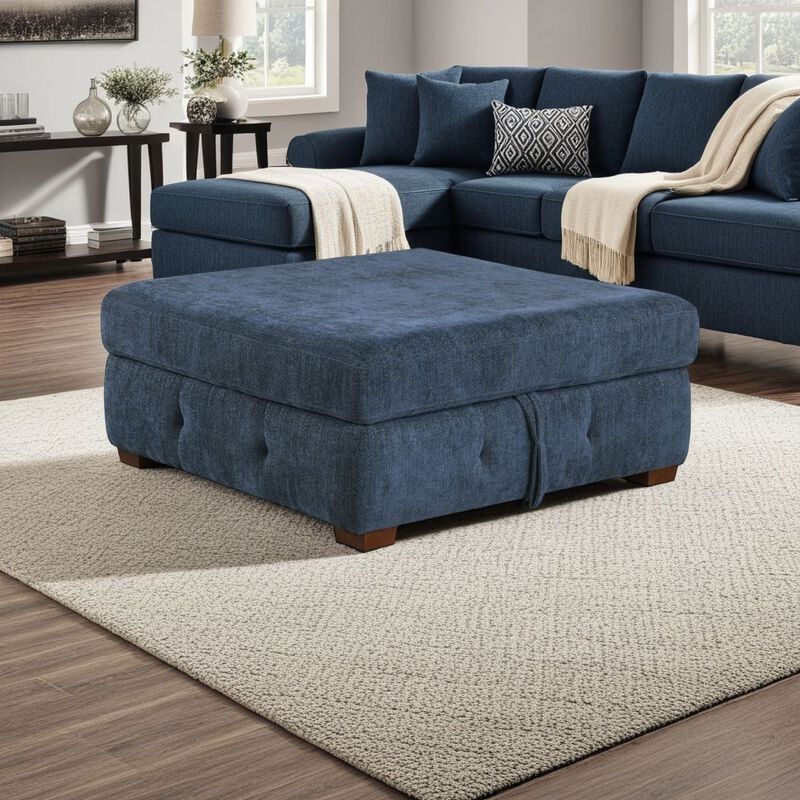 Rez Storage Ottoman, 40 Inch, Tufted Blue Chenille Cushion