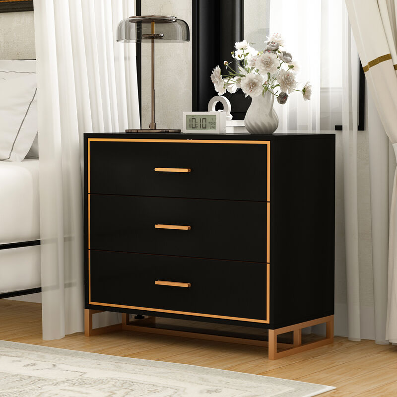 FUFU&GAGA Modern Black 3-Drawer Dresser with Gold Trim, Metal Handles & Base &ndash; Stylish Storage Cabinet for Bedroom(31.5"W x 15.7"D x 28.7"H),Black