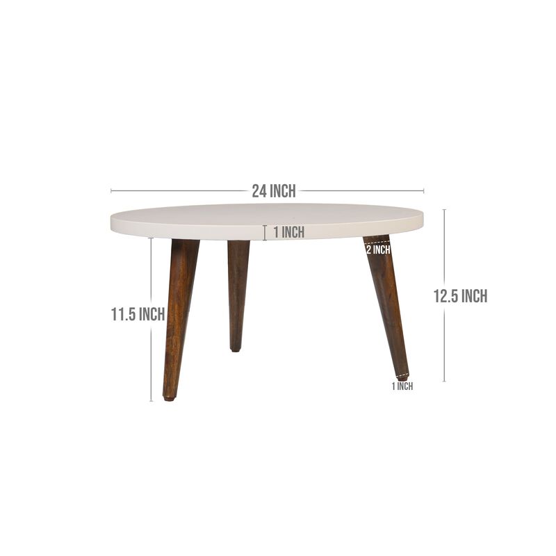24 Inch Modern Coffee Table, Round Off White MDF Top, Tapered Brown Mango Wood Legs