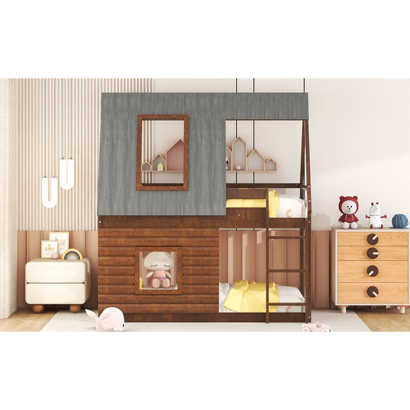 Wood Twin Size House Bunk Bed With Roof, Ladder And 2 Windows, Oak & Smoky