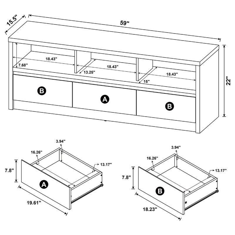 Rutvy TV Stand Media Console with 3 Drawers, Open Shelves, Black Wood image number 7