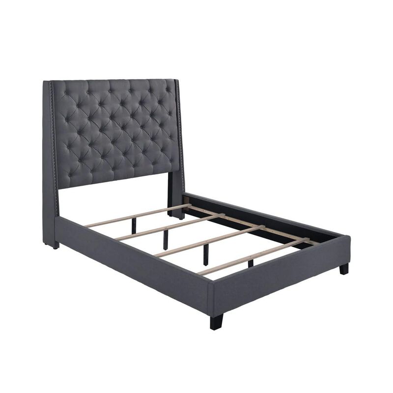 Benjara Maze Queen Size Bed, Button Tufted, Nailhead Trim, Gray Fabric Upholstery