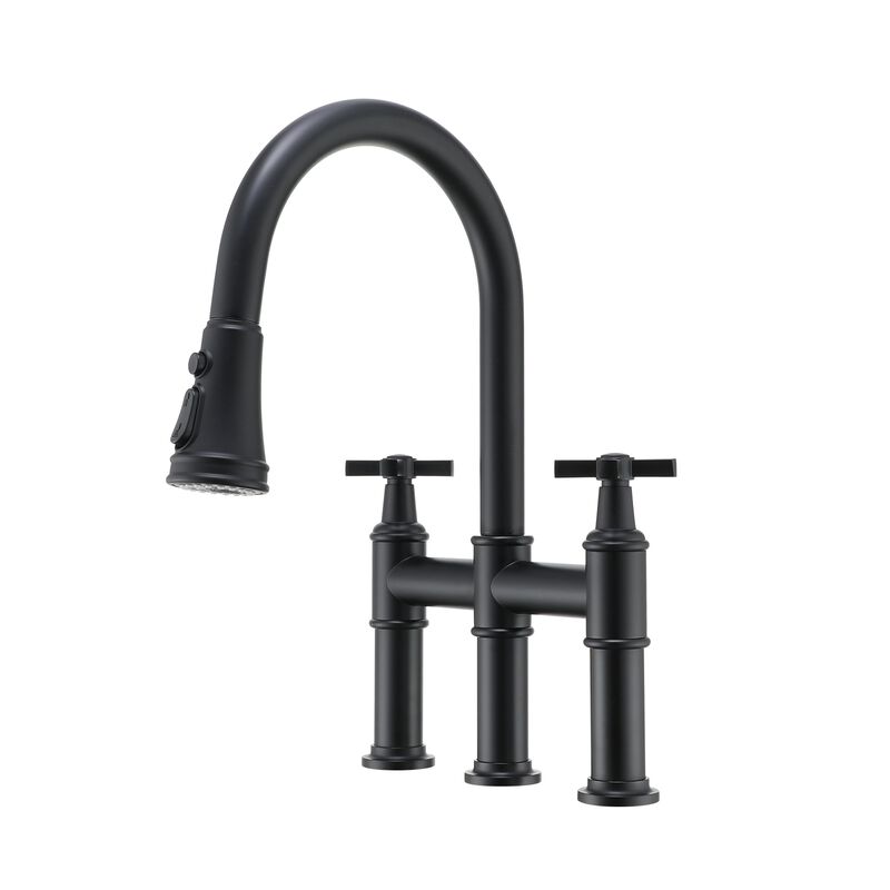 Mondawe Bridge Kitchen Faucet 3 Way Spray Function, High Arc Kitchen Faucet with Pull Down Sprayer 2 Handles 8 inch Widespread 360 Swivel Spout