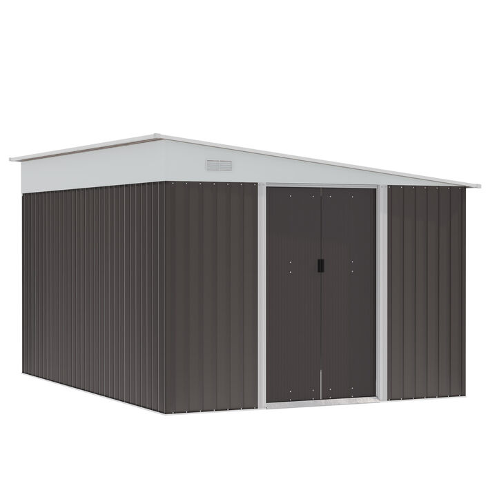 Outsunny 11' x 9' Outdoor Storage Shed, Galvanized Metal Utility Garden Tool House, 2 Vents and Lockable Door for Backyard, Bike, Patio, Garage, Lawn, Gray