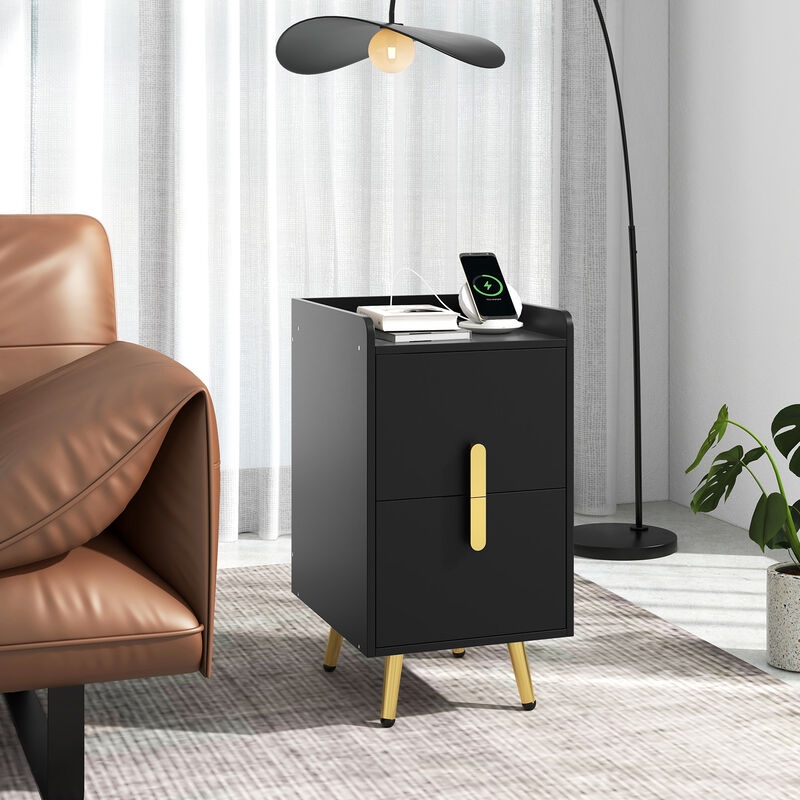 2-Drawer Nightstand Table with Convenient USB Charging Stations