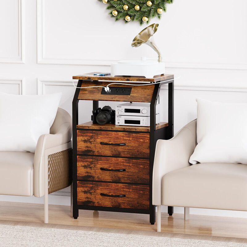 SZLHANJZ End Table with Charging Station, Nightstand with LED Lights and 3 Drawers, Small Dresser with Fabric Storage, Retro Sid