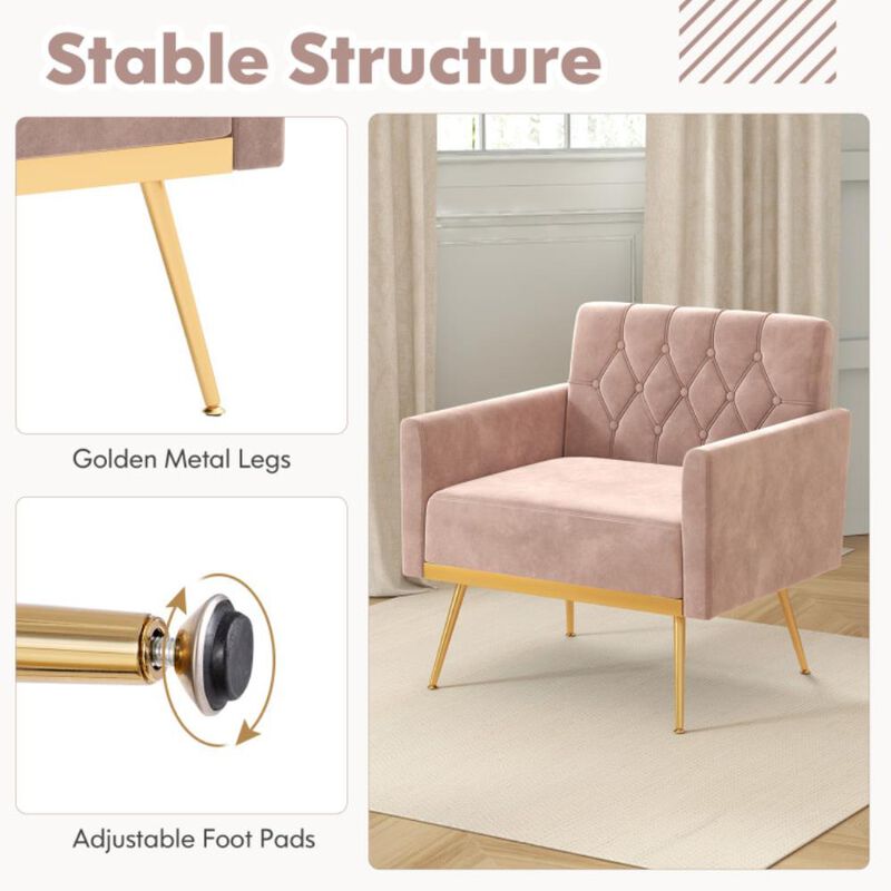 Modern Velvet Accent Chair with Button Tufted Back Golden Metal Legs and Adjustable Foot Pads image number 7