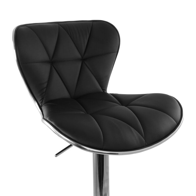 Elama 2 Piece Diamond Tufted Faux Leather Adjustable Bar Stool in Black with Chrome Trim and Base