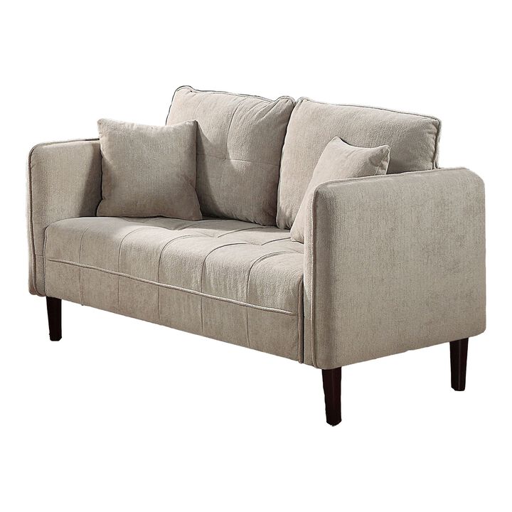 Hak 52 Inch Loveseat, Rounded Curved Arms, Biscuit Tufting, Wood Legs, Taupe - Benzara