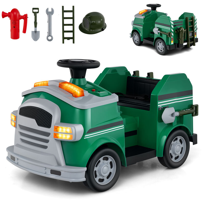 12V Kids Ride-On Fire Truck with Shovel, Wrench and Toy Accessories image number 4