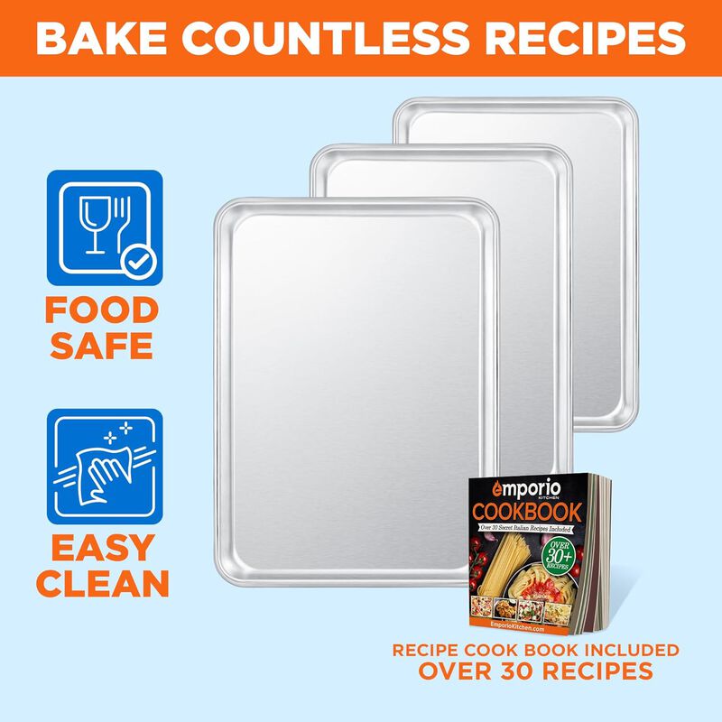 Baking Pan Set - Small, Medium, and Large Aluminum Cookie Sheet Pan (9x13, 10.5x15, 13x18), PFOA, PFOS, PTFE Free, Recipe Booklet Included, Oven Safe, Resist Heat Up To 500&deg;F, Set of 3