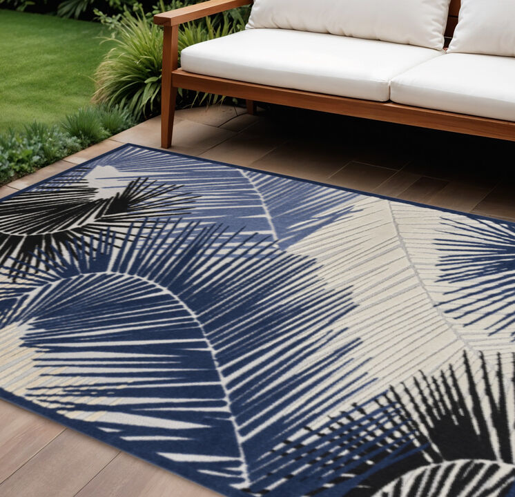 HomeRoots 8' X 10' Navy Blue Ivory And Black Palm Leaf Indoor Outdoor Area Rug
