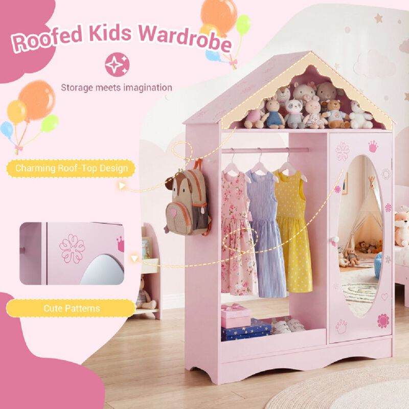 Kids Wardrobe Closet with Mirror, Dress Up Storage with Open Hanging Rack image number 8