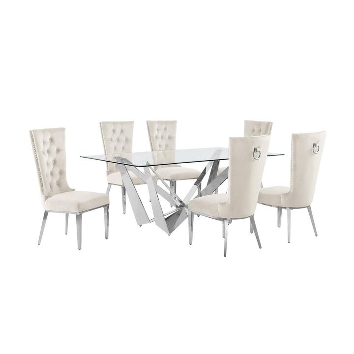 7pc Small(78") glass dining set with silver base and 6 Cream side chairs