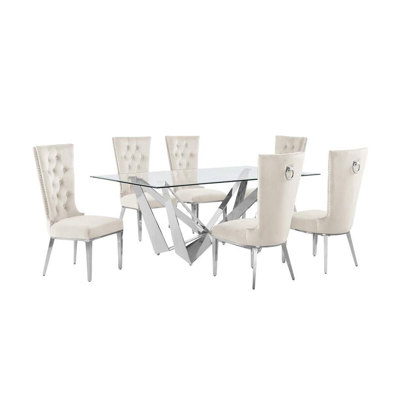 7pc Small(78") glass dining set with silver base and 6 Cream side chairs