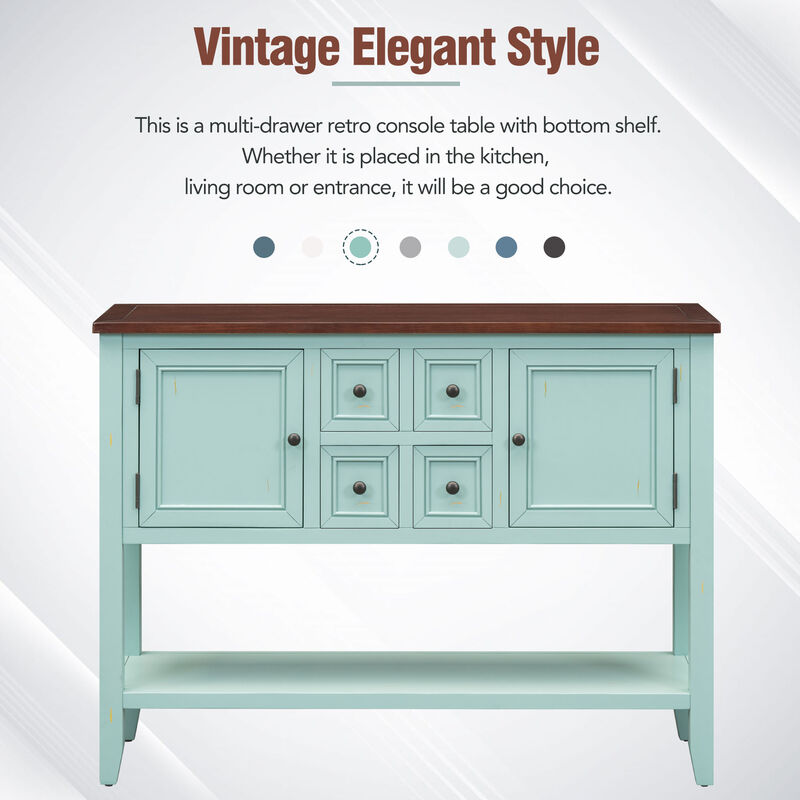Whisen Vintage Console Table with Four Small Drawers and Bottom Shelf for Living Rooms, Entrances and Kitchens - Retro Blue