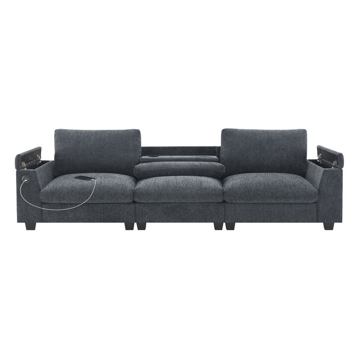 Whisen Chenille Sectional Sofa with Bluetooth Speaker,Comfy Cloud Couch Set with Drop Down Table,Cup Holders,USB Charger,Storage Armrest,Wide Seat Sofa