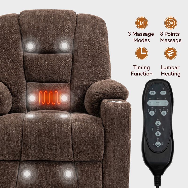 EMON'S Large Power Lift Recliner Chair with Massage and Heat for Elderly, Overstuffed Wide Recliners, Heavy Duty Motion Mechanism with USB and Type C Ports, 2 Steel Cup Holders