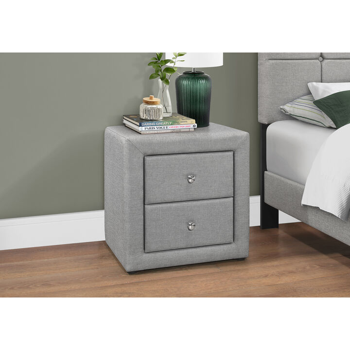 Monarch Specialties I 5604 Bedroom Accent, Nightstand, End, Side, Lamp, Storage Drawer, Bedroom, Upholstered, Linen Look, Grey, Transitional
