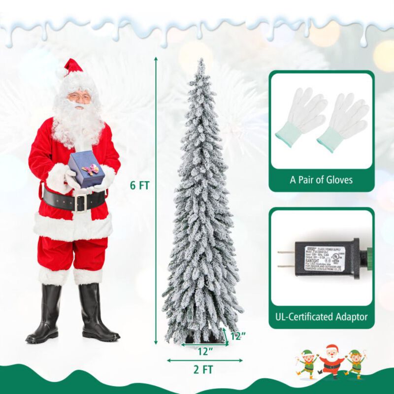 Pre-Lit Artificial Christmas Tree Snow-Flocked Slim Pencil Xmas Decor