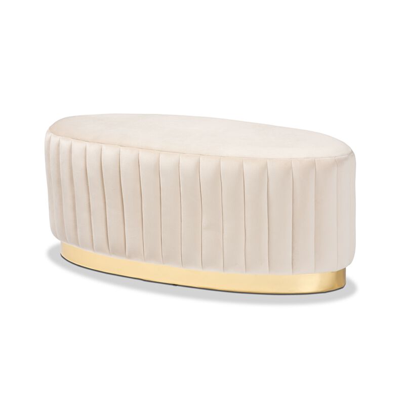 Baxton Studio Kirana Glam and Luxe Beige Velvet Fabric Upholstered and Gold PU Leather Ottoman