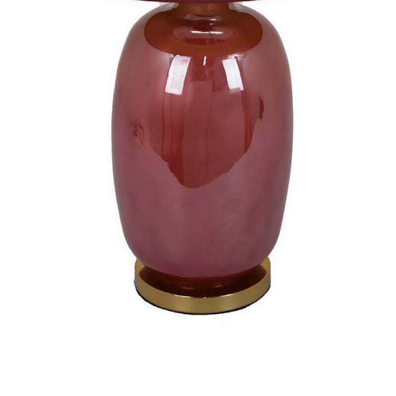 Gia 25 Inch Table Lamp, Drum Shade, Vase Shape Glass Body, Red Finish - Benzara