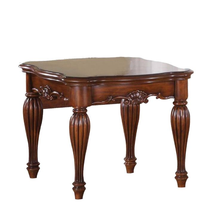 Wooden End Table with Carved Details, Cherry Brown-Benzara