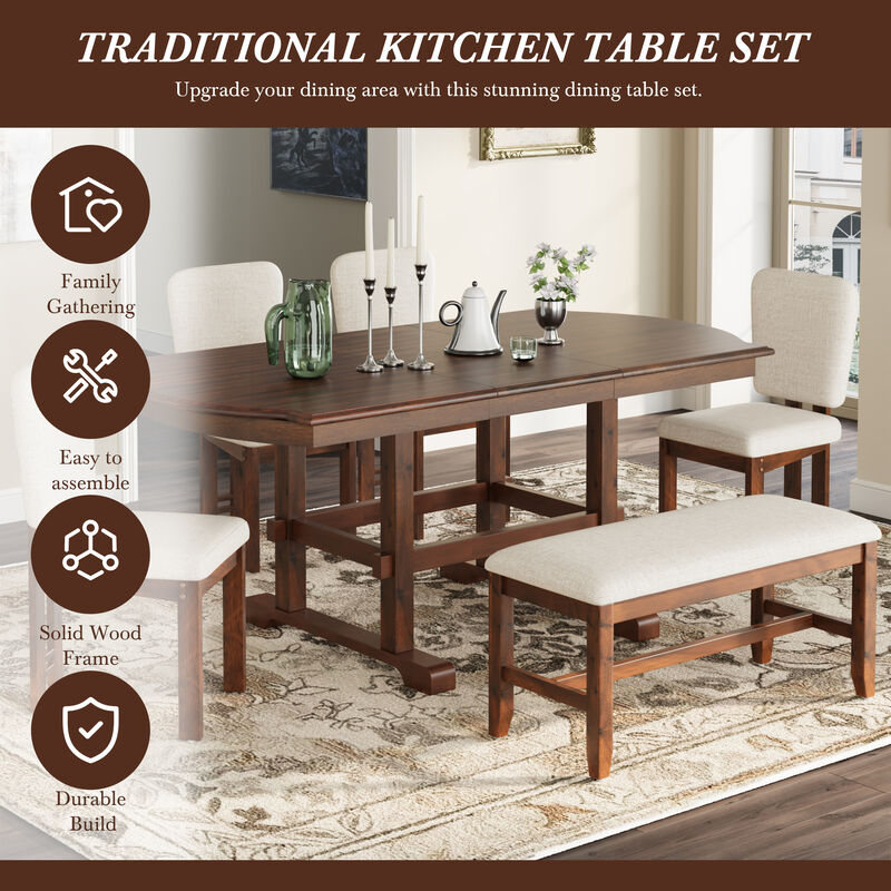Merax 6 Pieces 78inch Extendable Wood Dining Table Set with Bench