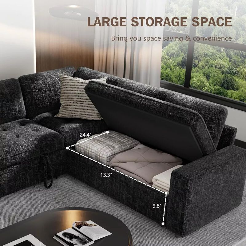 Vipbear 79" 5-Seat L-Shaped Sectional Sleeper Sofa Bed, Chenille Pull-Out Couch with Backrest image number 3