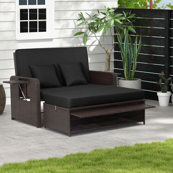 Mondawe Patio Rattan Daybed with 4-Level Adjustable Backrest and Retractable Side Tray