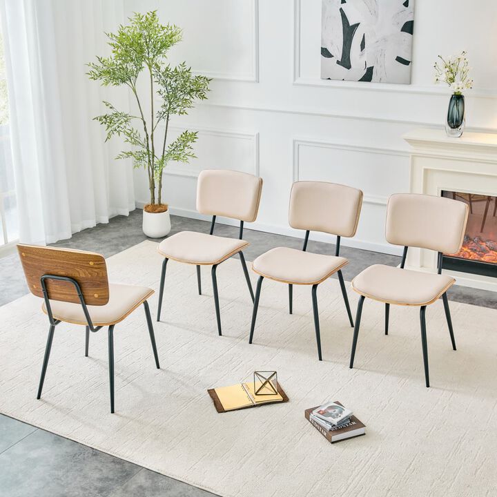 Set of 4 Dining Chairs PU Leather Dining Chairs with open back walnut veneer back Dining Chairs with metal legs leveling feet