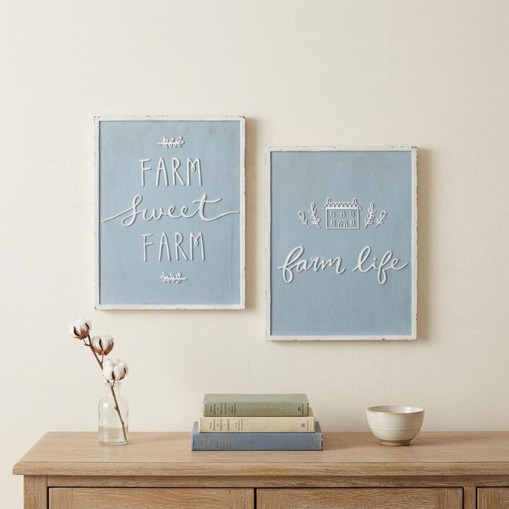 HomeRoots Set of Two Blue And White Farm Sweet Farm Metal Wall Decor
