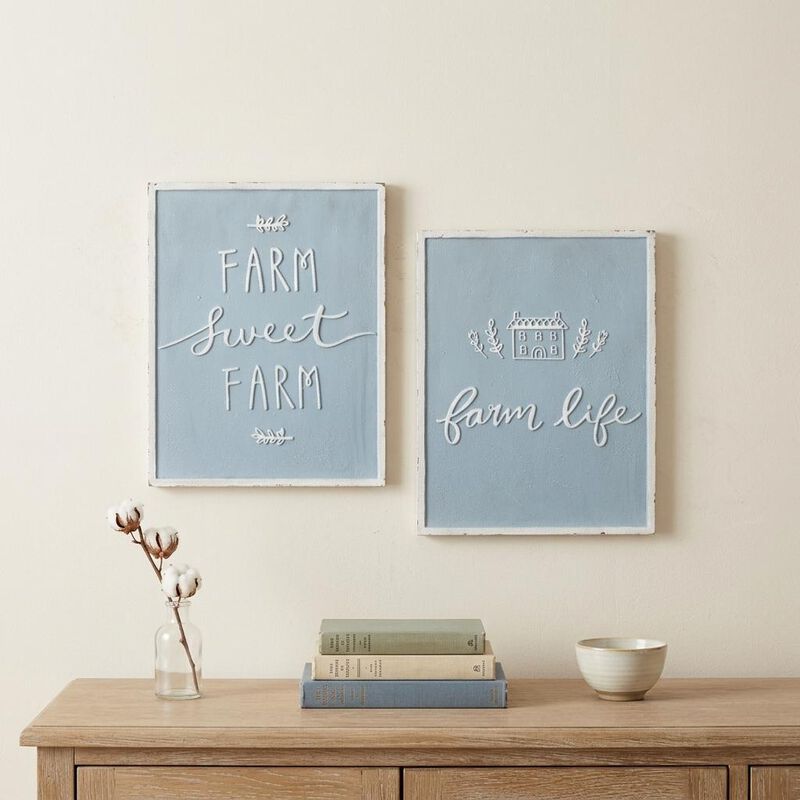 HomeRoots Set of Two Blue And White Farm Sweet Farm Metal Wall Decor image number 1
