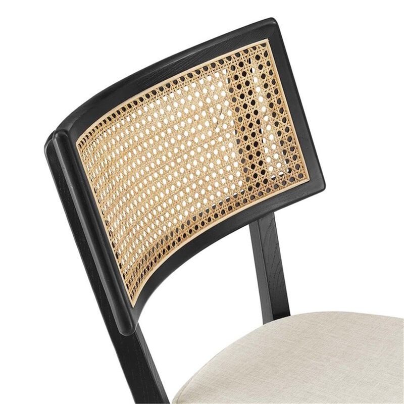 Modway Caledonia 46.5 Inch Elm Wood Bar Stools - Set of 2 in Black Beige - Padded Bar Stools with Rattan Back and Removable Cushion Cover - 2Pc High Bar Chairs with Footrest - Armless Bar Stools image number 5