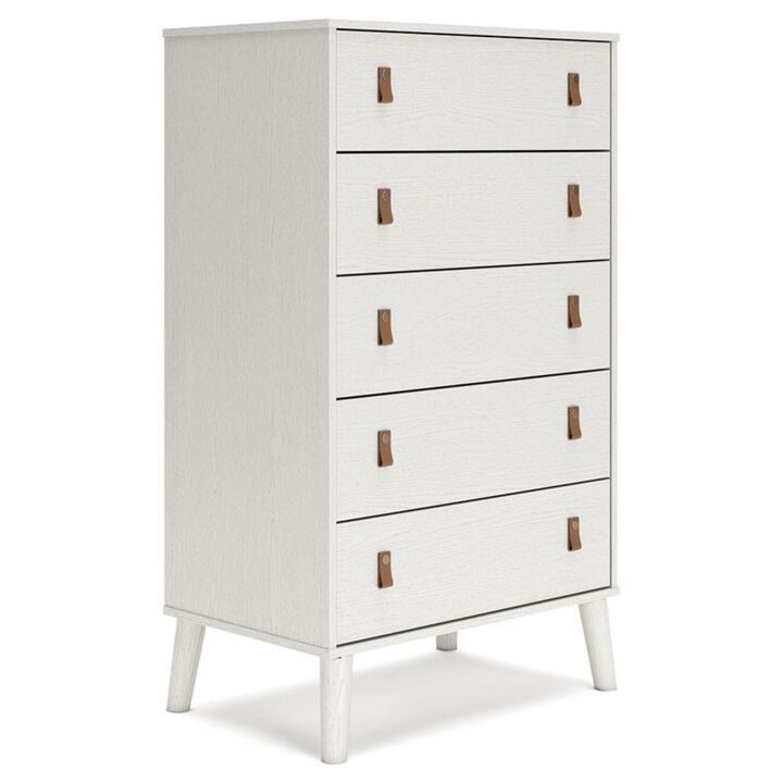 Benjara Nina 51 Inch 5 Drawer Tall Dresser Chest, Faux Leather Handles, White, Brown