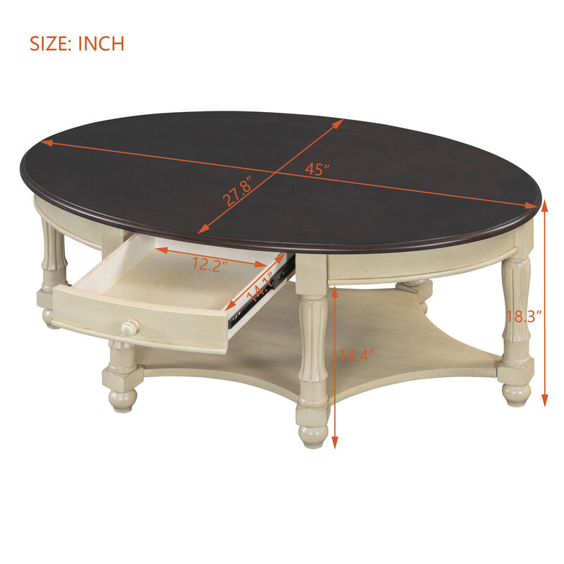 Merax Vintage Oval Coffee Table with Drawer & Storage Shelf - French Country Cocktail Table for Living Room