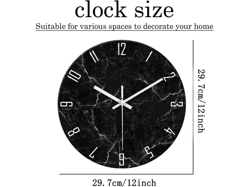 12" Black Minimalist Wall Clock - Battery Operated Glass Marble Pattern Non-Ticking for Living Room image number 2