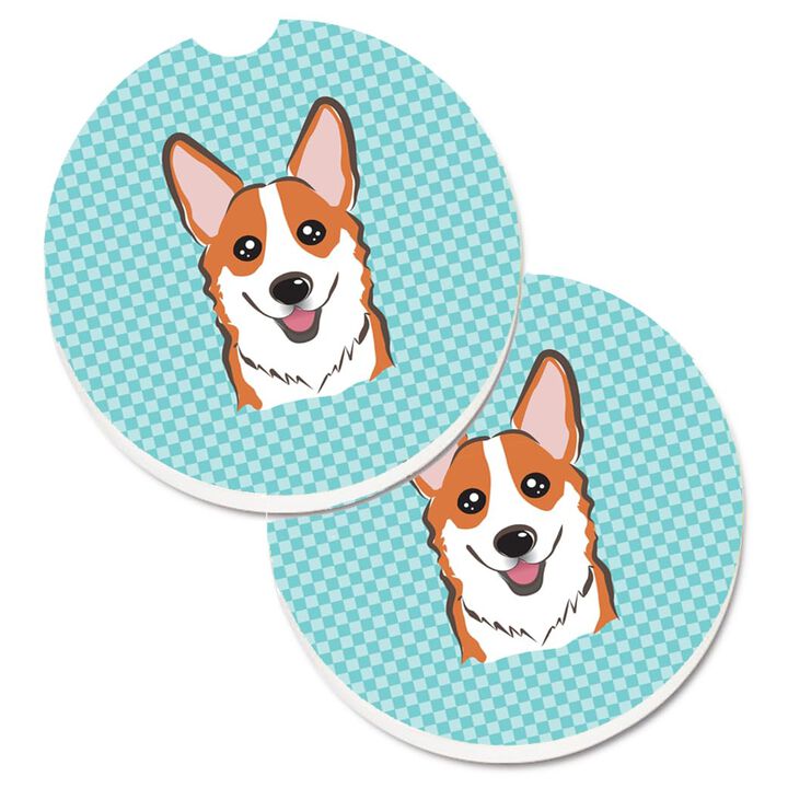 Caroline's Treasures Checkerboard Blue Corgi Set of 2 Cup Holder Car Coasters BB1192CARC, 2.56, Multicolor