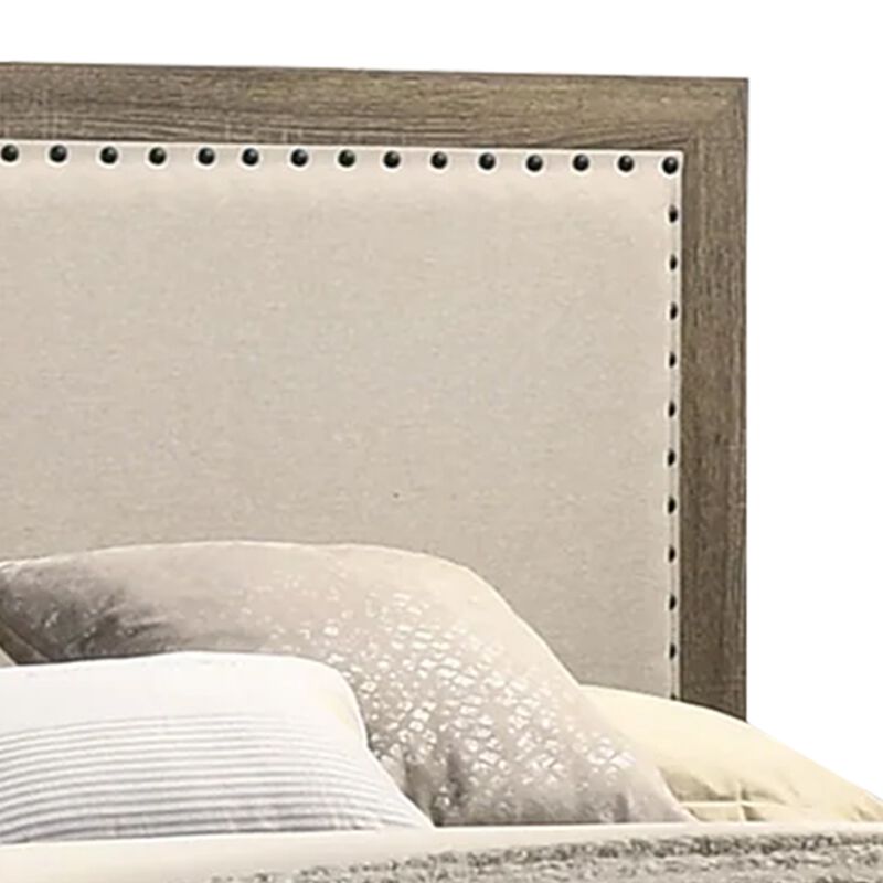 Shannon King Panel Bed with Nailhead Trim, Ivory Fabric, Gray Wood