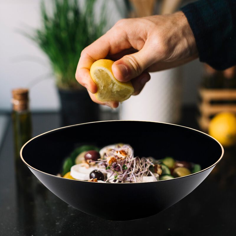 16 oz. Black with Gold Rim Organic Round Plastic Soup Bowls (60 Bowls) image number 7
