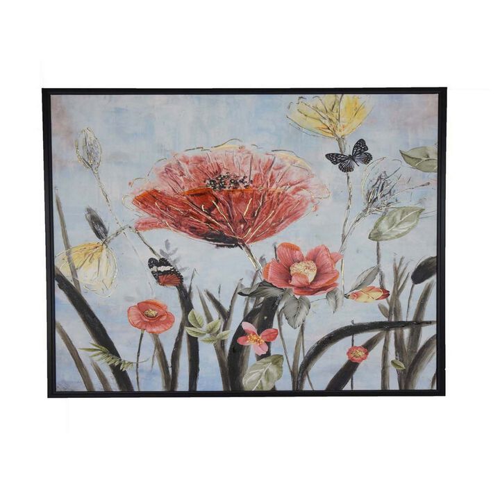40 x 40 Framed Canvas, Red Floral Oil Painting, Natural Fiber, Multicolor - Benzara