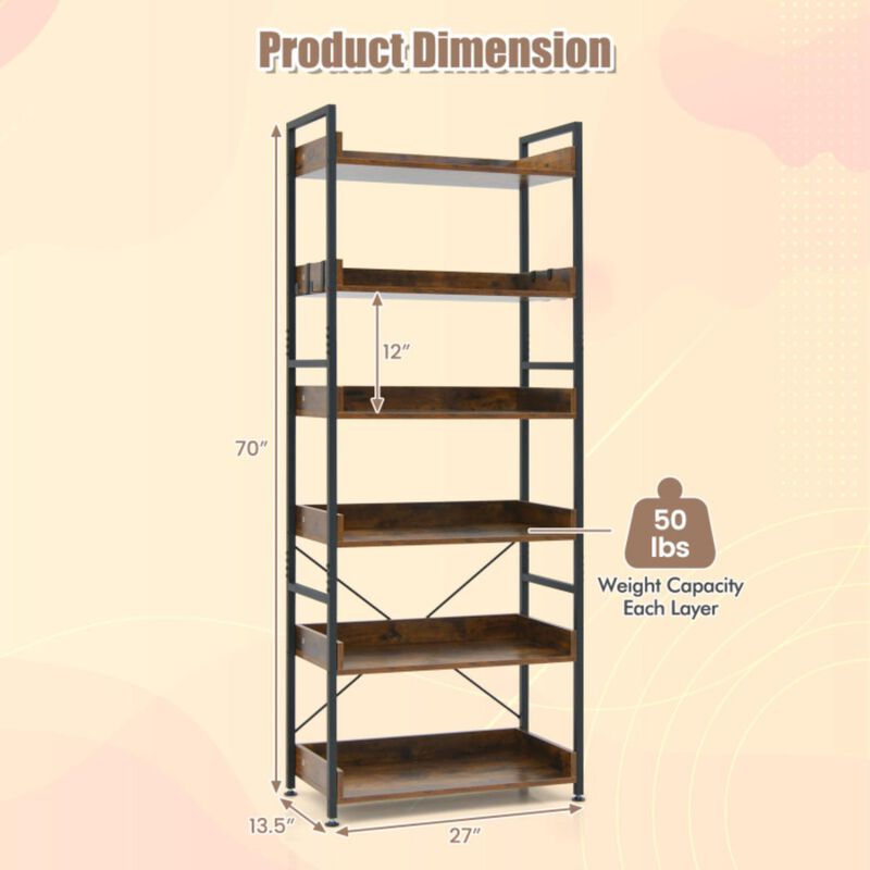 Hivvago 6-Tier Tall Industrial Bookcase with Open Shelves and 4 Hooks-Brown