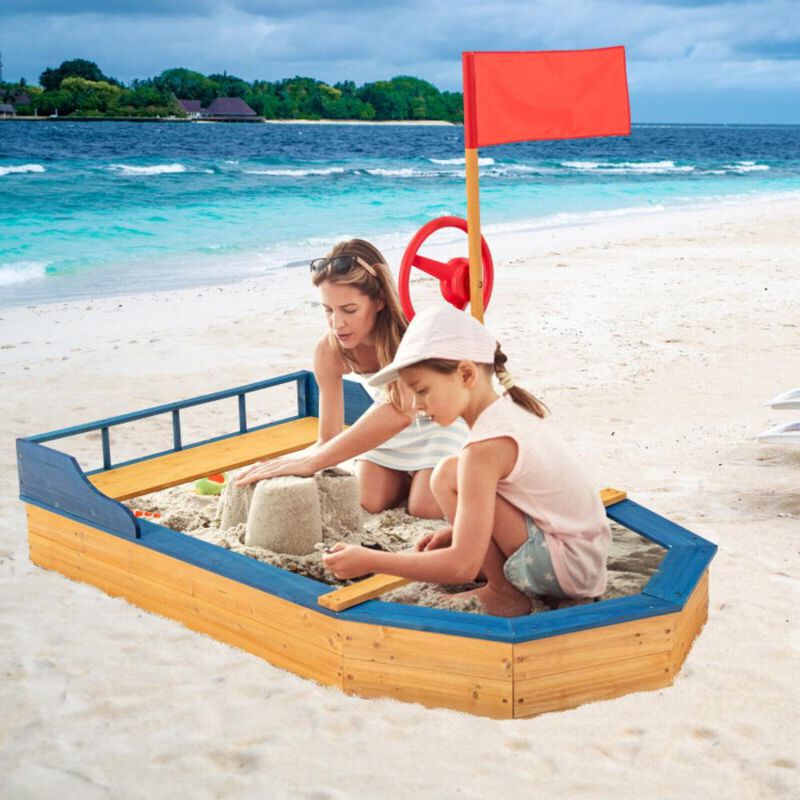 Hivvago Kids' Pirate Boat Sandbox with Flag and Rudder