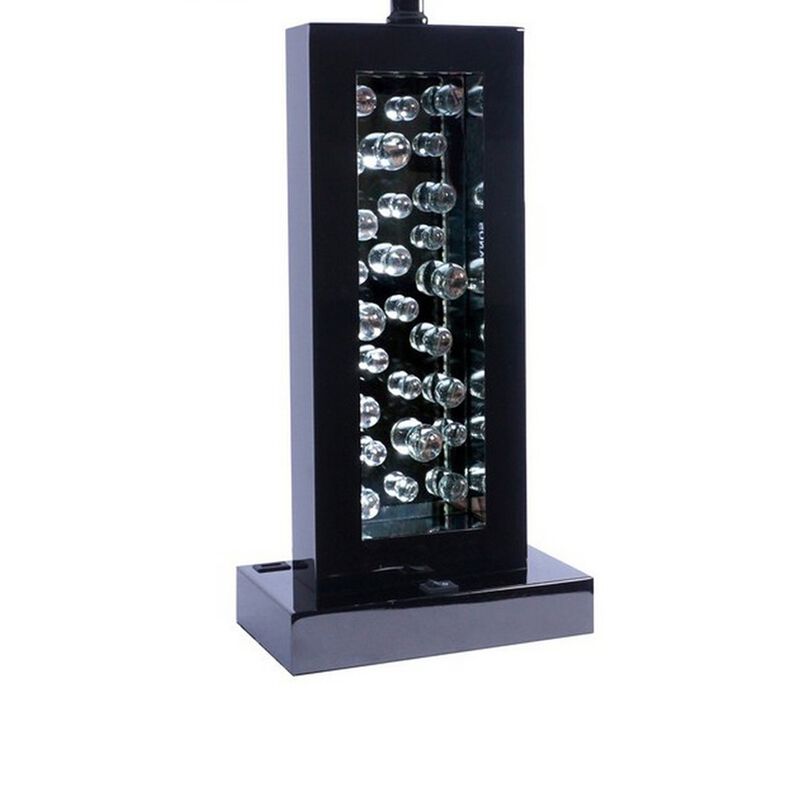 28 Inch Nickel Table Lamp, Black Fabric Shade, Glass Panel and LED Accents - Benzara