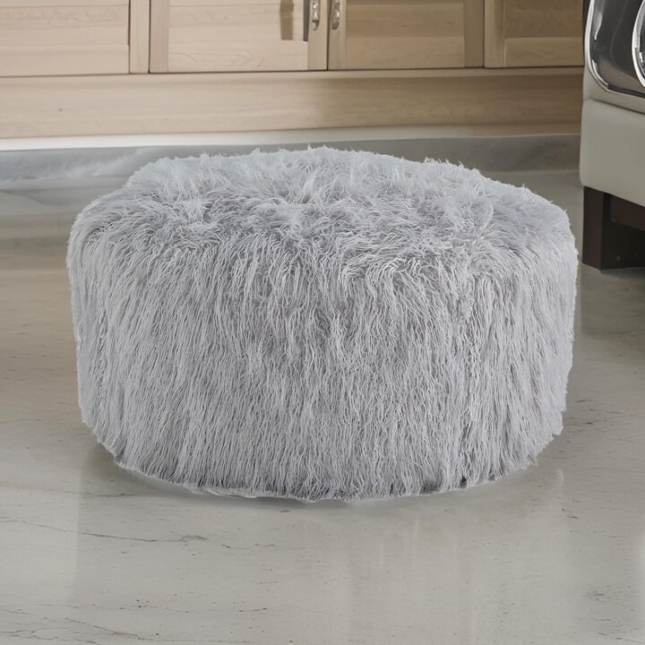 Lacey Oversized Accent Ottoman, Light Gray Faux Fur, Soft Cushion, 39 Inch - Benzara